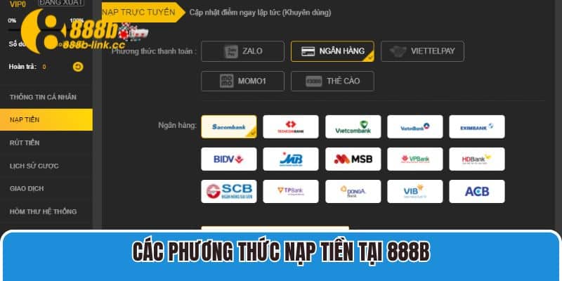 Các phương thức nạp tiền tại 888B